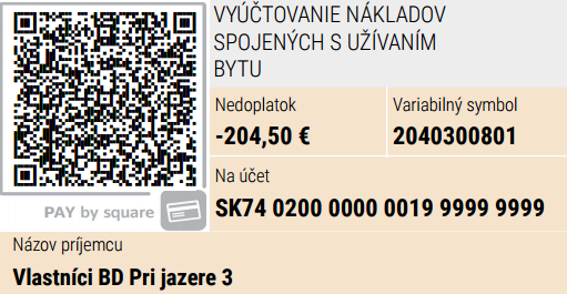 Výsledok vyúčtovania – nedoplatok s QR kódom na úhradu